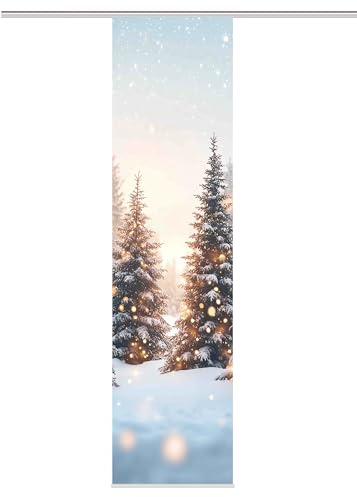 Home WOHNIDEEN | Schiebevorhang Dekostoff Seidenoptik Digitaldruck SCHNEETANNEN - inkl. Paneelwagen und Aluklemmleiste, 245 x 60 cm | Weihnachten, Natur
