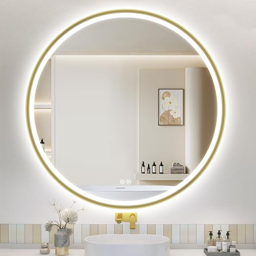 S'bagno Espejo Baño con Luz Redondo 90 cm, Espejos de Baño con Led con Marco de Aluminio, Anti-Vaho, 3000-6500K, Vidrio Templado HD, IP44, Función de Memoria, Dorado