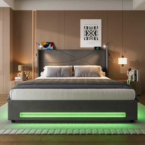 Ball & Cast Super King Size Bed Frame with Storage Headboard, 180x200 cm Upholstered Bed Frame Kingsize with Charging Station and LED Lights/Under Bed Storage/No Box Spring Needed, Dark Gray