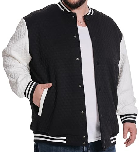 SONICDEGREE Big and Tall Varsity Jacket Men's Lightweight Letterman Style Baseball Waffle Causal College Bomber Jacket, Black White 5XL