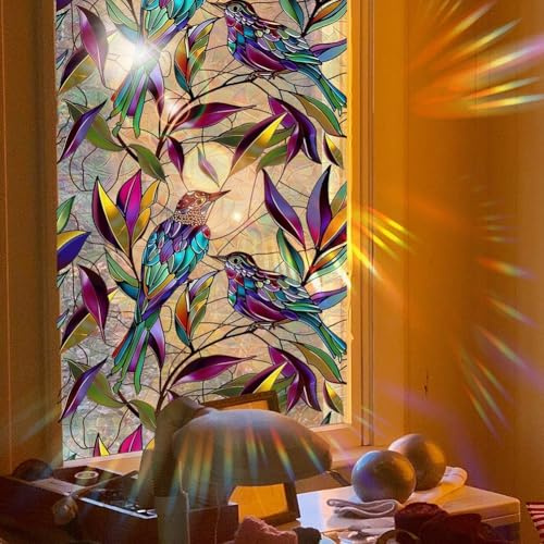 Reusable Privacy Window Film Featuring DoubleSided Colorful Birds and Leaves for Enhancing Ambiance and Privacy in For Homes, Offices, and Educational Settings, 17.7 x 39.37 inches