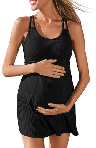 Summer Mae Ribbed Maternity One Piece Swimsuit Dress Wrap Bathing Suit with Built-in Pocket Short Swimwear Tie Knot Skirt Black 6/8
