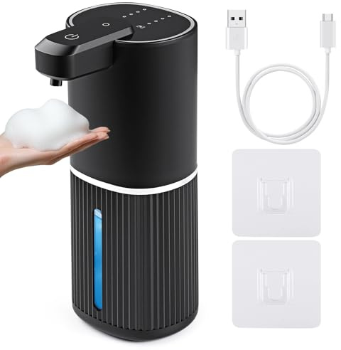 Rudnia Automatic Soap Dispenser, Foaming Soap Dispenser Touchless with Continuous Dispensing, 4-Level Adjustable, Rechargeable Hand Soap Dispensers, Wall Mounted or Countertop for Bathroom & Kitchen