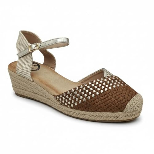 Sandalias de Cuña para Mujer, Estilo Espadrille, Correa de Tobillo, Puntera de Yute (MARRON/DORADO, Sistema tallas calzado EU, Adulto, Números, mediano, 39)