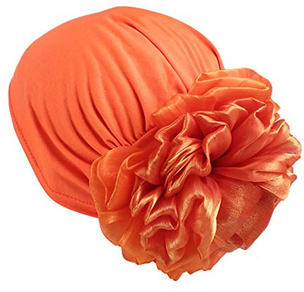 Muslim Women Flower Elastic Turban Beanie Head Scarf wrap Chemo Cap hat for Cancer Patient (Orange)