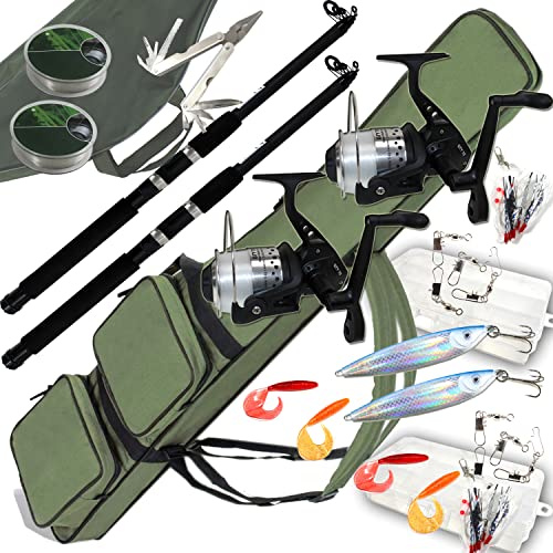 ANGELSET Survival Meeresangeln | 2 Pilk- Ruten Norwegen 300 cm + 2 Meeres- Rollen + Pilker und Angel Zubehör in Köderboxen + Angel- Werkzeug für den Angler + Rutentasche 155 cm Oxford