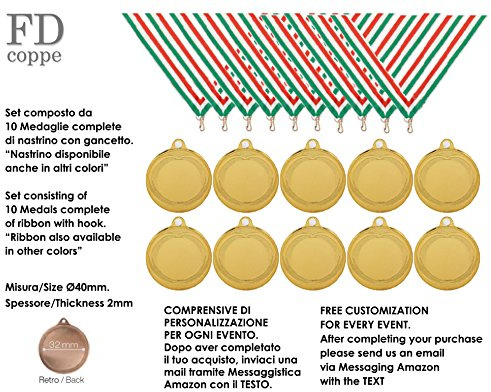 MEDAGLIA IN METALLO PER PREMIAZIONI DIAMETRO Ø 40mm. SET 10 PEZZI COMPLETE DI NASTRINI E PERSONALIZZAZZIONE COMPRESA NEL PREZZO (1 - COLORE ORO)