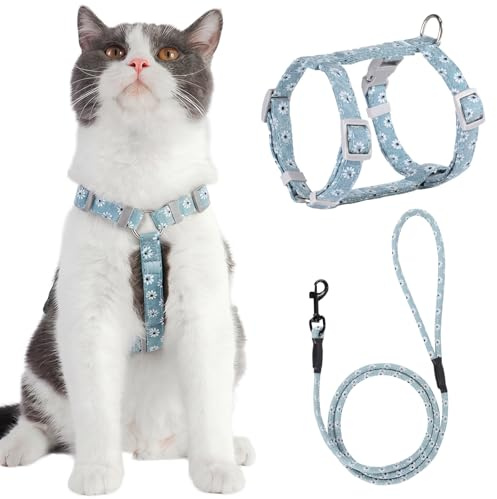 PETTOM Arnés para Gato con Correa, Juego de arnés Ajustable para Gato Gatito Mascota pequeña Caminar al Aire Libre con Hebilla rápida, diseño Floral (S: Pecho 18-30 cm, Azul)