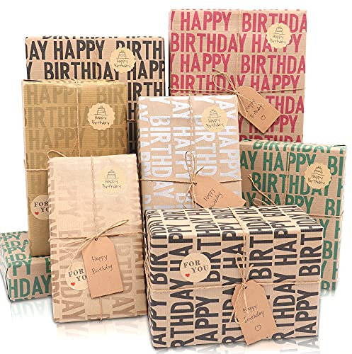 MAMUNU Kraft Geschenkpapier Geburtstag, Geschenkpapier Recycling Set mit Papierseil Aufklebern Etiketten für Kinder Mann Frau, 12 Blatt 70x50CM Gefaltetes Restro Vintage Packapier für Geburtstag(Bunt)