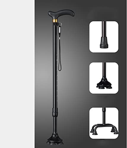 Ligero Muleta，con Estable Base de Cuatro Patas，Bastones para Caminar Ancianos Altura Ajustable,（72-94cm/28.5-37in），Built for Comfort Carbon Fiber Walking Cane。 ( Color : Black , Size : No lights )