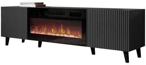 Mirjan24 TV Lowboard Vailbo Grey 180 mit Elektrischem Kamin, Fernsehschrank, Fernsehtisch, Unterschrank, Realistische LED-Flamme, Mit Deko-Kristallen, Board, Schrank, TV-Bank (Anthrazit)