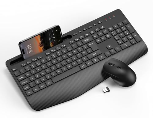 Wireless Keyboard and Mouse Combo, Full-Size Ergonomic Keyboard with Wrist Rest, Phone Holder, Sleep Mode, Silent 2.4GHz Cordless Set for Computer, Laptop, PC, Mac, Windows (Black) - KM23