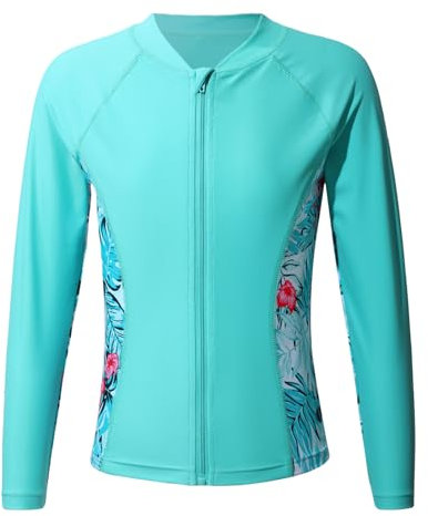 Jowowha Mädchen Badeanzug UV Shirt Langarm Rash Guard mit Reißverschluss Schnelltrocknend Badeshirt Schwimmshirt Sommer Strandmode Minzgrün 146-152