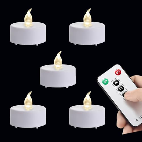 Lot de 5 bougies chauffe-plat LED sans flamme vacillante avec télécommande, longue durée de plus de 400 heures, fonctionne à piles, avec minuteur pour décoration de la maison, fêtes et fêtes Blanc