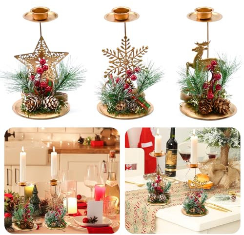 ADERTOS 3 PCS Christmas Candle Holders Candlestick Holders Xmas Candle Stick Holder Metal Candle Pillar Holders Stands for Christmas Table Mantle Fireplace, Reindeer Snowflakes Stars Candle Stands