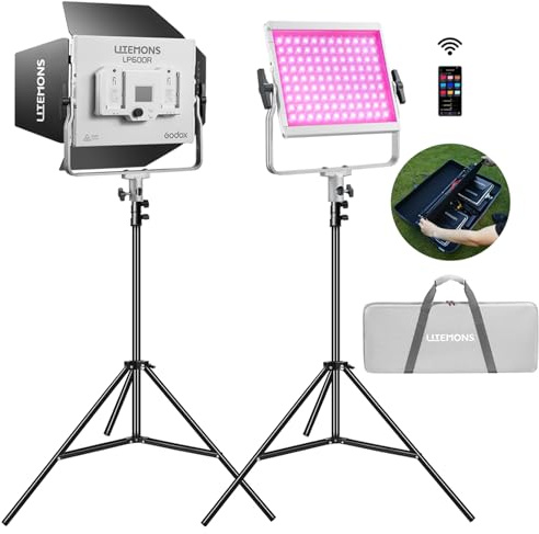 Godox LP600R RGB LED Light Panel Kit med Tripod/Bärväska, App Control, 60 W, 1800 K – 10 000 K, 14 FX-lägen, 360° roterbar