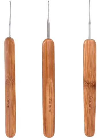 3 Stück mini Häkelnadel 0,5 mm, Häkelnadel Dreadlocks Häkelnadeln Kleine Größe Häkeln Set mit Bambusgriffen Stricknadel Spitze Häkelnadeln für Dreadlock, Zöpfe, Braid Craft