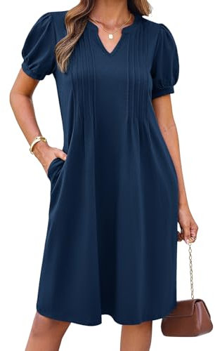GRACE KARIN Casual Short Sleeves Summer A-Line Henley Wedding Guest Dress With Pockets - Midi Prom Navy Blue M