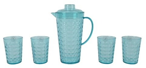 Decoris Vasos con jarra de plástico, juego de 5 vasos y jarra, juego de vasos con jarra, vasos de agua, vasos de zumo de limonada, transparente azul