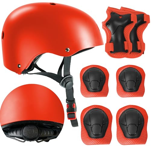 Kids Bike Helmet with Knee & Elbow Pads Set - Multi-Sport Helmet for Ages 3-12 - Toddler, Boys & Girls Protective Gear for Cycling, Skating, Scooter - Adjustable Design - Red