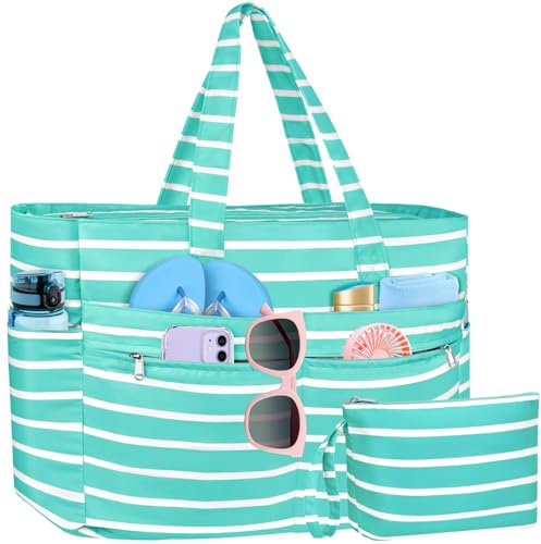 WACCET Bolsa de Playa Grande Mujer Impermeable con Cremallera Bolso Playa Grande XXL Familiar 50L Plegable y Ligero Bolsa de Mano con Múltiples Bolsa Tote para Playa Viajes Piscina