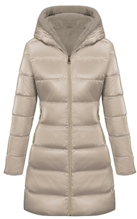 Giolshon Vestes réversibles en fausse fourrure et brillantes pour femmes Doudoune imperméable à capuche Mi-longue B06 Doré L