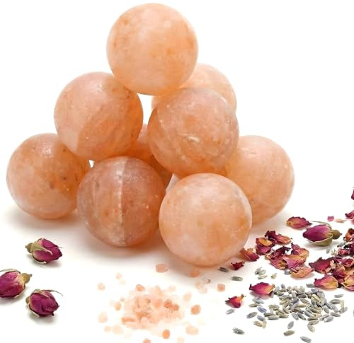 Swiffen Pack of 10 Round Ball Massage Stones, Pink Crystal Hand-Carved Stone for Massage Therapy, Deodorant and Salt and Sugar Scrubs, Spa Himalayan Salt Rocks, 1.97 Inch