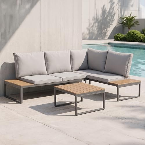 EVRE Aruba 4-Seater Outdoor Furniture with Coffee Table | Patio furniture Set with Metal Frame & Built-in Side Tables for Gardens, Poolside, Patio, Conservatory & Balcony.