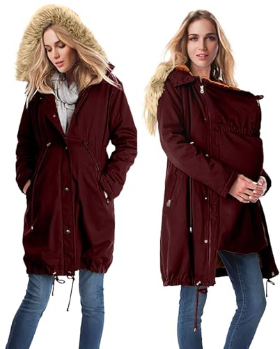 YIzdegg jacka med babyinsats, bärjacka, mammajacka, fleecejacka med pälskrage, bomullsjacka, varmt mammamode vinter 3 i 1, graviditetsjacka, fickor och dragsko, mammakappa, vintage, mante, Z01wein, XL