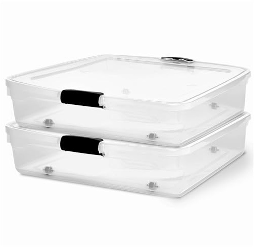 Homz Lot de 2 Bacs de rangement sous le lit, récipients en plastique transparent avec couvercles, 53 litres, loquet gris