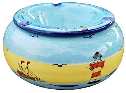 Windaschenbecher Küste Keramik Maritim Boot Leuchtturm Wind Becher Ascher Meer Nordsee Deko Aschenbecher (XL 14cm)