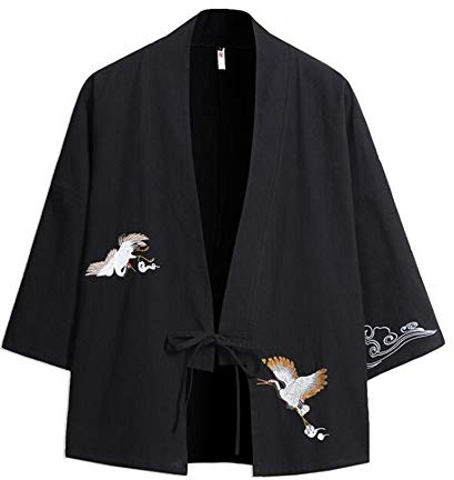 Black Sugar Kimono Homme Traditionnel Noir Coton De Bonne Qualité Grue Borderie Japonais Haut Veste Blouson