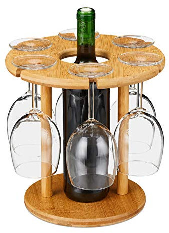 Relaxdays Weinglashalter, Bambus, für 6 Gläser, rund Ø 25cm, Weingeschenk, Bar, Weinbutler mit Weinflaschenhalter, natur 1 Stück