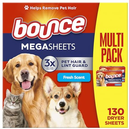 Bounce Pet Hair and Lint Guard Mega Dryer Sheets with 3X Pet Hair Fighters, Fresh Scent, 130 Count