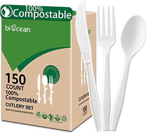BIOCEAN 100%Compostable No Plastic Knives Disposable Forks Spoons Plastic Utensils, The Heavyweight Heavy Duty Flatware is Eco Friendly Products for Lounge Party Wedding BBQ Picnic Camping [150 Count]