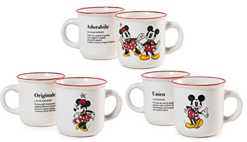 HOME Mickey e Minnie Xmas Set 6 Tazze Caffè in New Bone China, 140cc, Natalizie, Festività, Natale