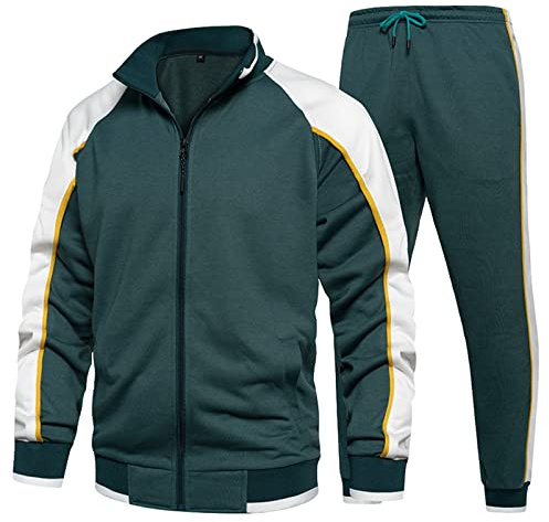 amropi Tute da Ginnastica Uomo Maniche Lunghe Felpa con Cerniera e Jogging Pantaloni Sportiva Set Verde Bianco,XL
