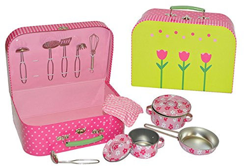 alles-meine.de GmbH 13 TLG. Kochset - Koffer mit Metall Geschirr - Spiel Set - Küche Zubehör Koffer - Töpfe Kochtopf für Kinder - Puppengeschirr - Kindertöpfe Kochtöpfe - rosa fü..