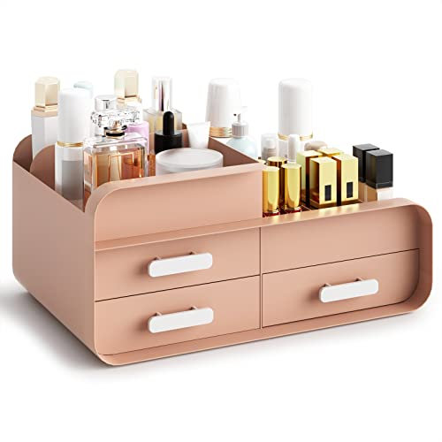 Organizador de Maquillaje con Cajones, Caja Guardar Cosmeticos Organizador Maquillaje, Plastico Caja Almacenamiento de Cosméticos Brochas Perfumes Joyas Accesorios para Cómoda Tocador Baño, Rosa