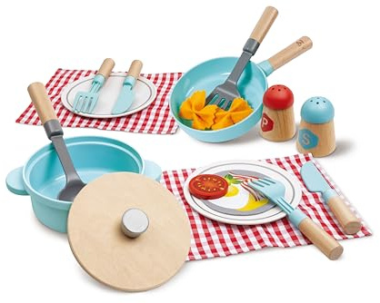 Hape Koch- & Servierset für Kinder – Holz Spielküche Zubehör, Rollenspiel Kochset mit Töpfen, Pfanne, Besteck und Gewürzstreuern, für Kinder ab 2 Jahren