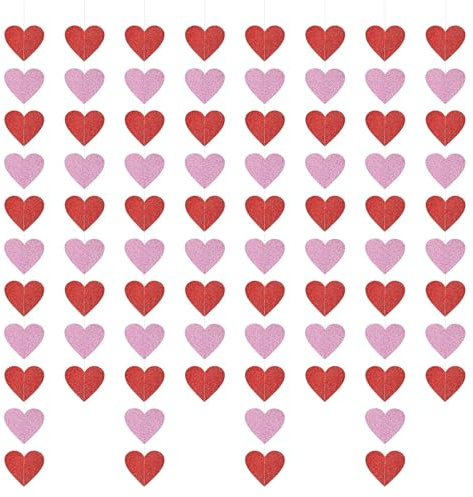 80 Pcs Valentines Glitter Heart Garland - No DIY Needed, Red & Pink Hanging String Garland for Wedding, Anniversary, Birthday, Bridal Shower, Romantic Party Decorations