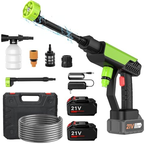 Oamger Hidrolimpiadora de Alta Presion 30Bar, Pistola de Agua a presión con 2× Baterías 6000mAh, Boquilla 6 en 1 y Manguera 5m, Limpiador Agua Presion Bateria para Limpiar Coche y Jardín (Verde)