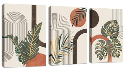 3 st träram dekorativa bilder boho orange botanisk löv dekorativa canvasbilder mitten av århundradet geometrisk linje bilder dekor vardagsrum sovrum matsal kontor vägg 50 x 70 cm x 3 st