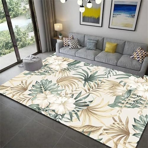 Cooiiye Tapis de Salon Moderne 60x90cm,Tapis Antidérapant,Tapis Salon Lavable,Grand Tapis Salle a Manger,Moquette Chambre/Descente de Lit,Tapis terrasse, Couloir,Feuilles de crème Verte