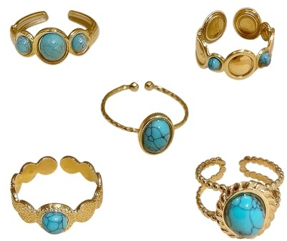 XFSRG 5 Stück Boho Ring Gold Damen mit Ovalen türkisen Edelstein Wasserfest Stapelbar Ring Set Hypoallergen Geschenk Damen Schmuck