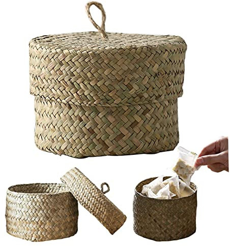Cestas de almacenamiento de pastos marinos, caja de almacenamiento redonda de paja pequeña con asa y tapa, cesta de mimbre, organización del hogar para llaves de aperitivos, decoración de escrit