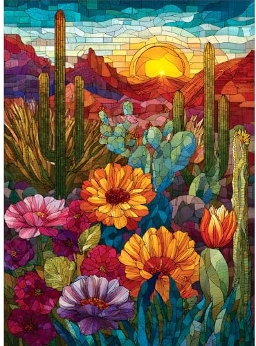 500 Piece Puzzles for Adults, Stained Glass Desert Landscape Jigsaw Puzzle for Adult, Colorful Cactus and Mountain Scene Puzzles, Challenging Game Gift for Nature Lover, Home Decor 20.5 x 15 in
