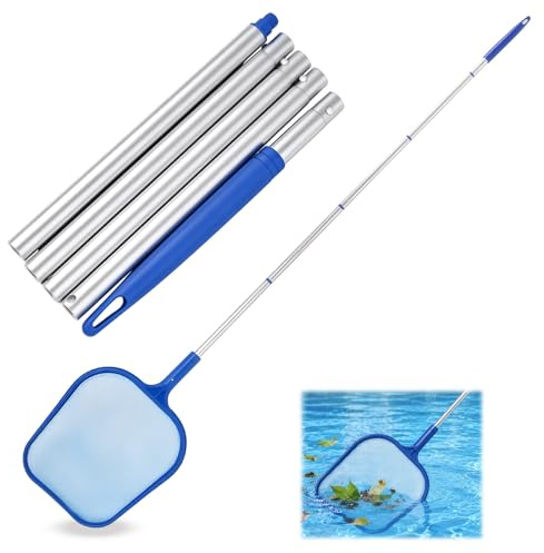 Recogehojas profesional para piscinas – kit de limpieza con barra telescópica de aluminio de 161 cm y red resistente –para eliminar hojas, insectos y suciedad en piscinas, estanques y áreas acuáticas