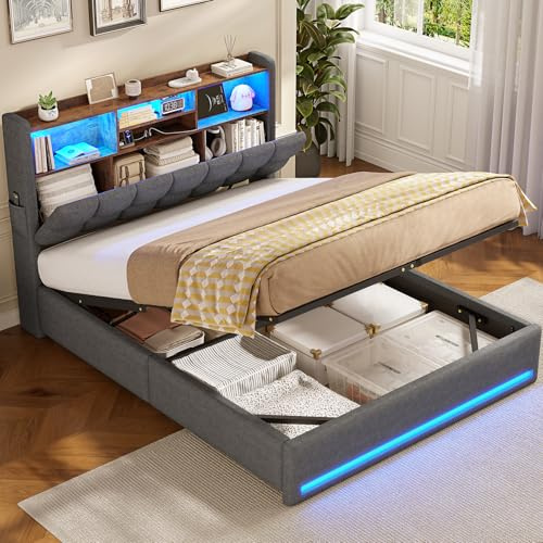 AOGLLATI Camas Matrimoniales 140x200 cm con Almacenamiento Hidráulico | Cama Canape 140x200 con LED y Estación de Carga, Somier Estructura Cama con Bolsillos Laterales, Base Cama, Lino Gris