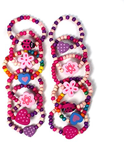 Stands Out, Supplying Outstanding Gifts 12 Bracelets Colourful Wooden Jewellery Girls Bracelets Christmas and Birthday Party Bag Stocking Filler Loot
